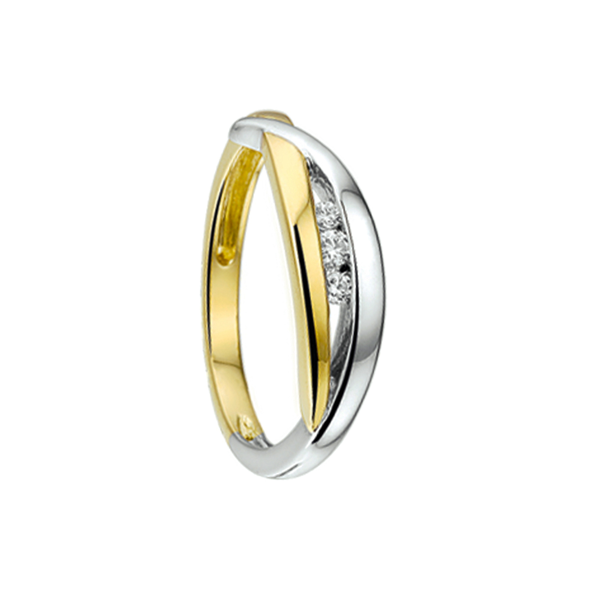 Beschrijving: Bicolor wit- en geelgouden ring met zirkonia. 
Doelgroep: dames
Ringmaat: 17.50 mm (55)
Breedte: 5.5 mm
Zetting: entourage (rail zetting)