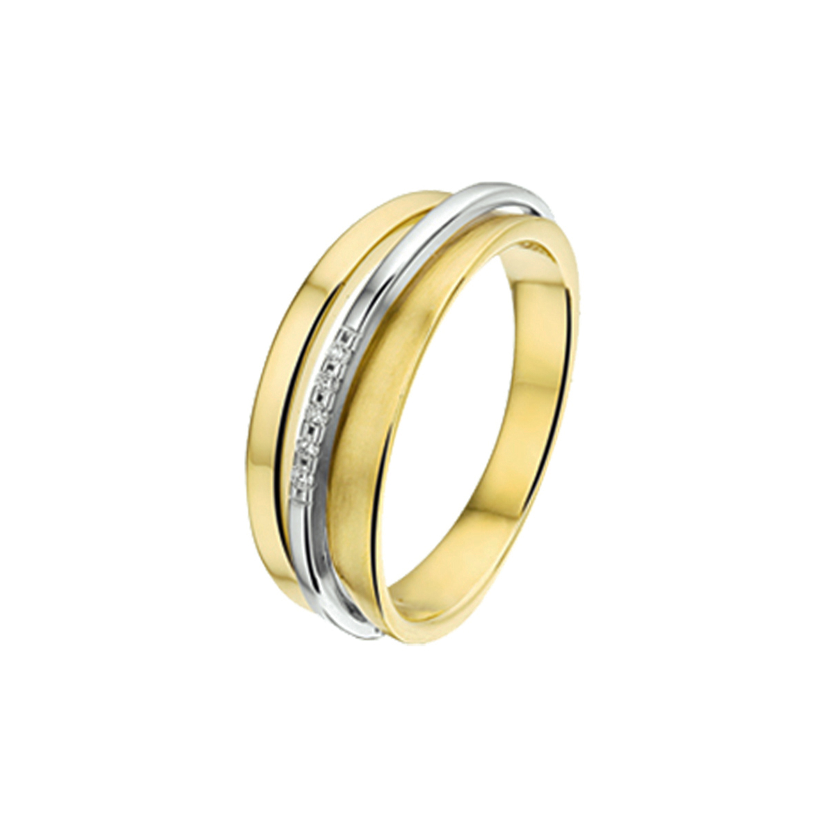Beschrijving: Bicolor wit- en geelgouden ring met diamant. 
Uniekenummer serie: 33288
Verpakt per: 1
Doelgroep: dames
Ringmaat: 17.00 mm (53)
Breedte: 6.5 mm