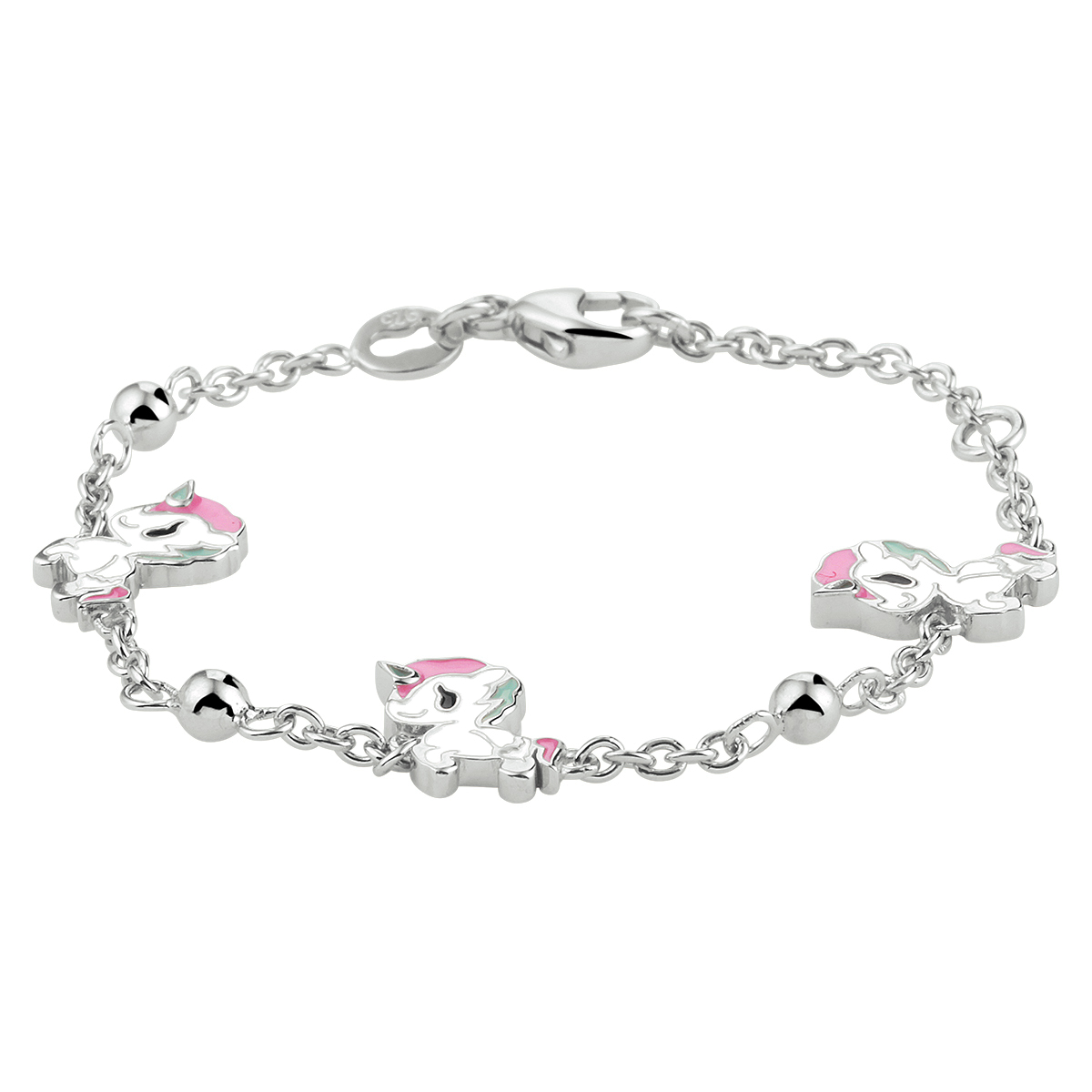 Gerhodineerd 925 zilveren armband uitgevoerd met bolletjes en eenhoorns. De armband heeft draaglengtes van 11 tot 13cm en een stevige karabijn sluiting. De eenhoorns hebben een afmeting van 9.5x9.5mm. De schakelbreedte is 1.8mm.
