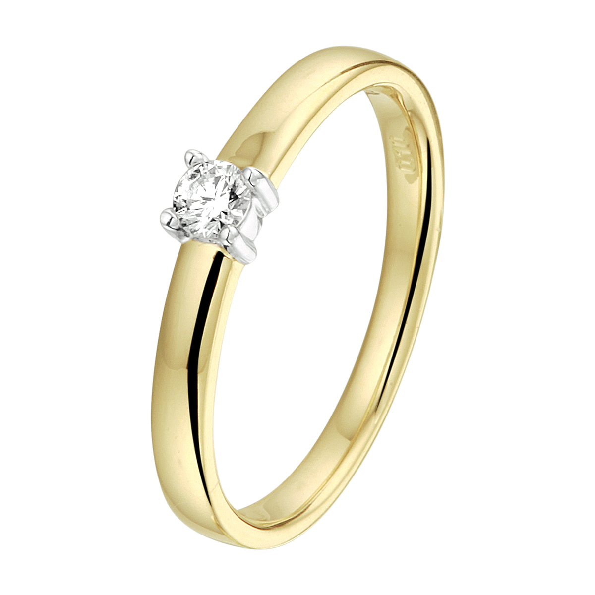 14k Bicolor geel- en witgouden ring uitgevoerd met een schitterende diamant. De ring heeft een breedte van 3mm.