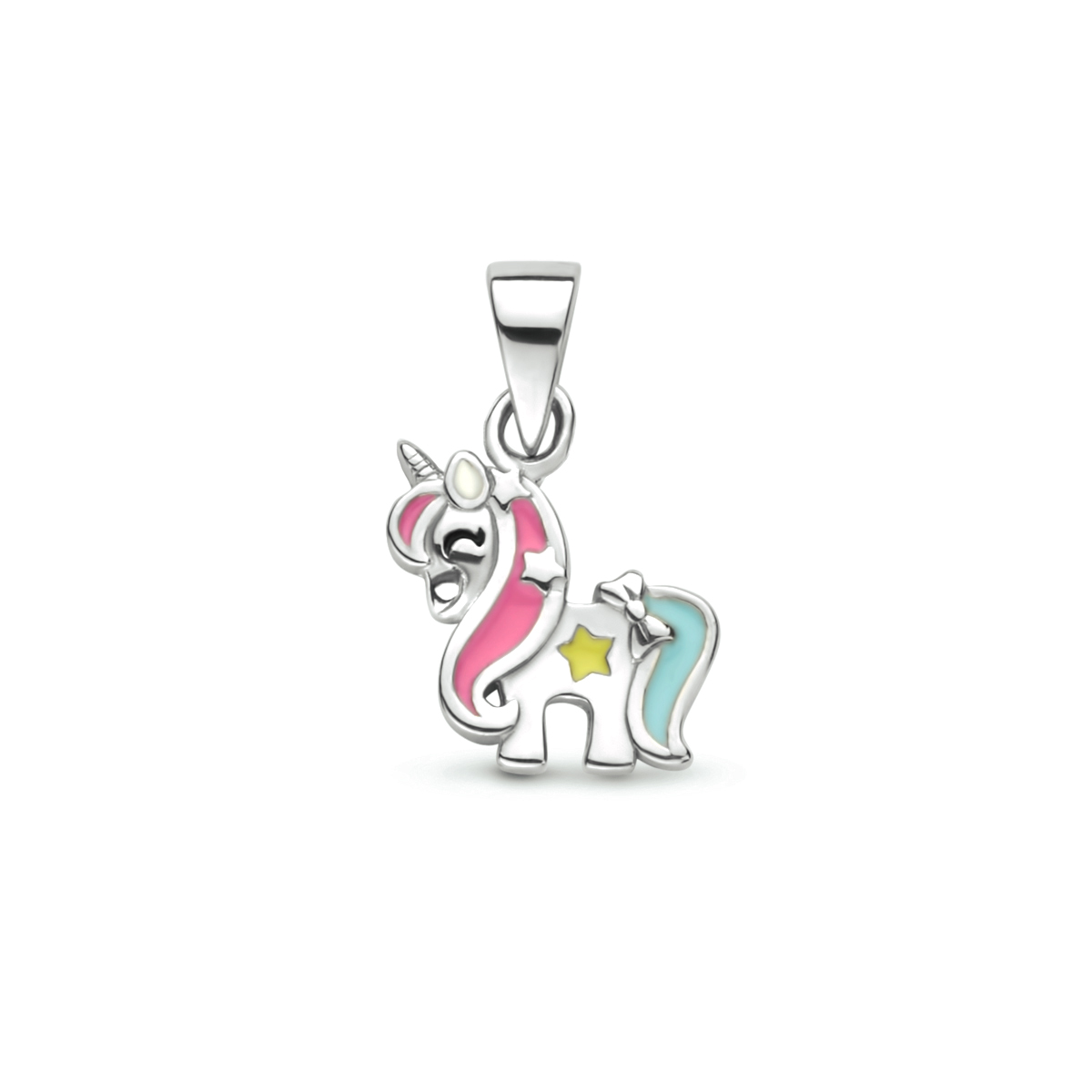 Gerhodineerd 925 zilveren hanger uitgevoerd in de vorm van een eenhoorn met gekleurd emaille. De hanger heeft een totale hoogte van 1.5cm en een breedte van 10mm.