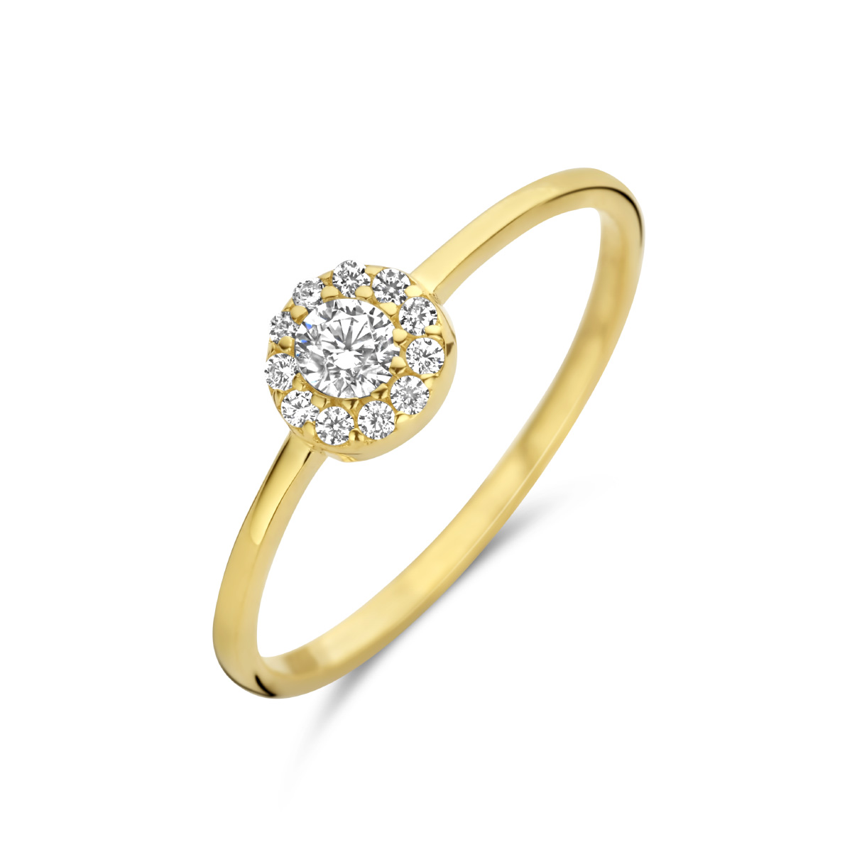14k Geelgouden ring uitgevoerd met schitterende zirkonia. De ring heeft een breedte van 5.5mm.