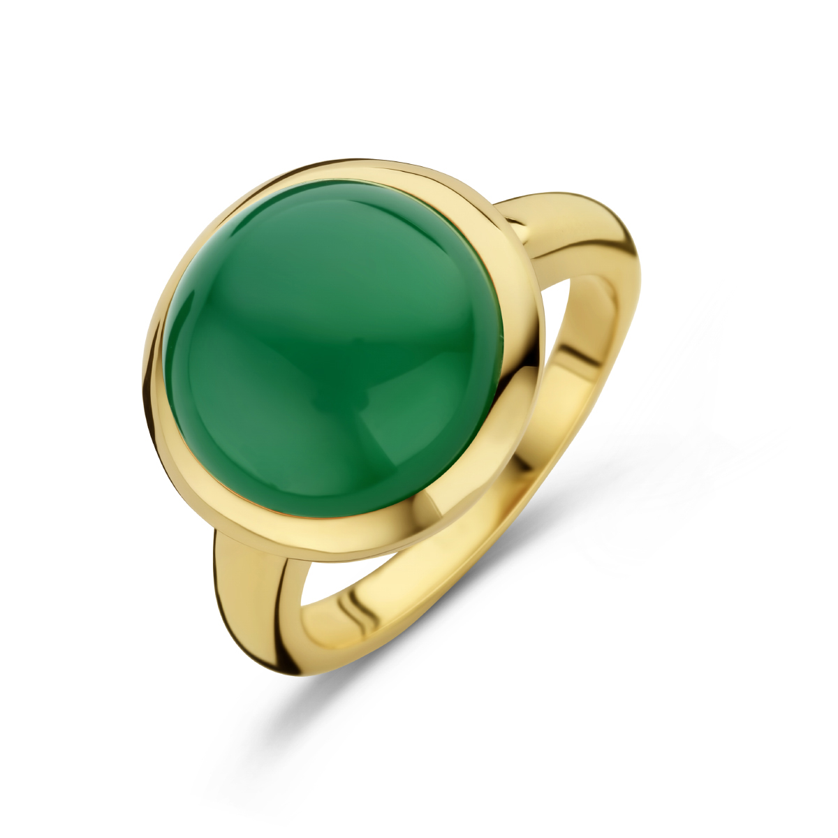 14k Geelgouden ring uitgevoerd met een groen agaat. De agaat heeft een steengewicht van 6.91ct.