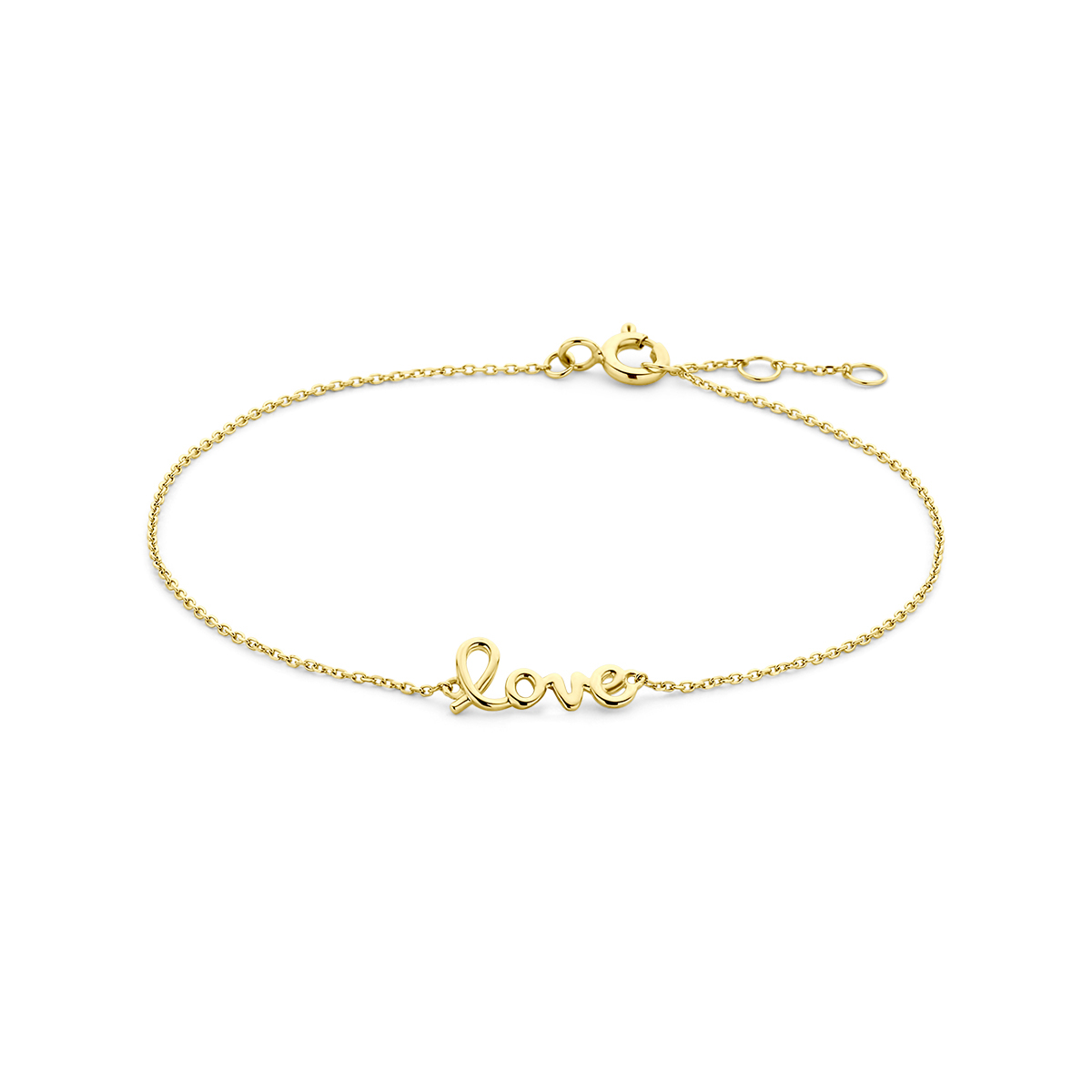14k Geelgouden armband uitgevoerd met de tekst love. De armband heeft draaglengtes van 16.5, 17.5 en 18.5cm. De schakelbreedte is 0.8mm.