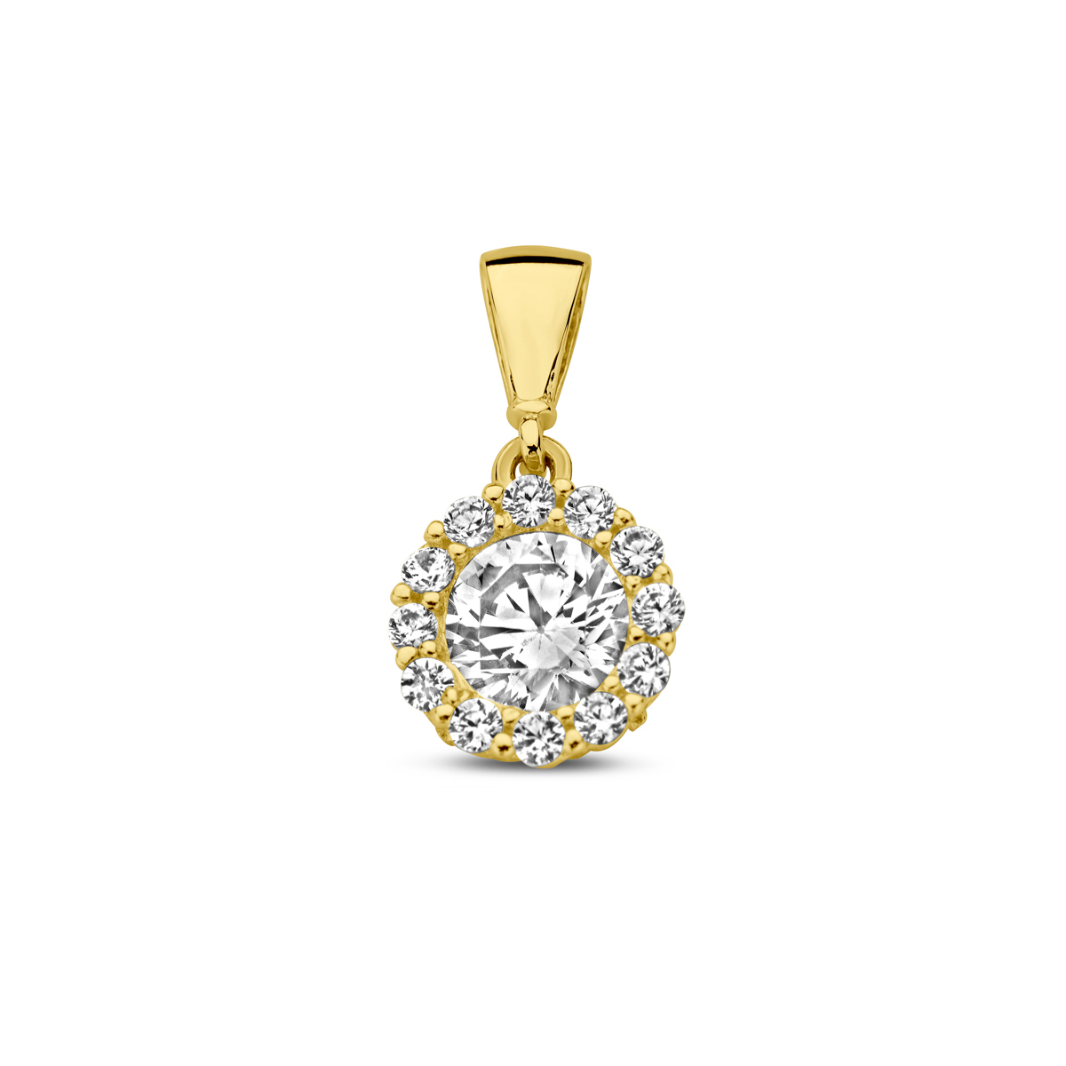 14k Geelgouden hanger uitgevoerd met zirkonia. De hanger heeft een diameter van 8mm.