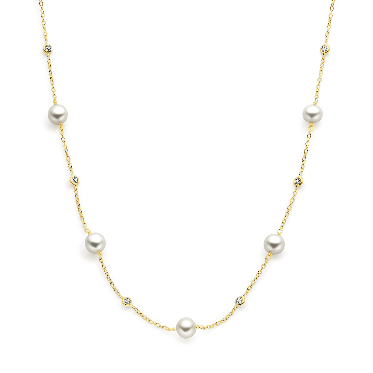 14k Geelgouden collier uitgevoerd met zoetwaterparels, zirkonia en een karabijn sluiting. De collier heeft draaglengte van 42 en 44cm . De schakelbreedte is 1.3mm.