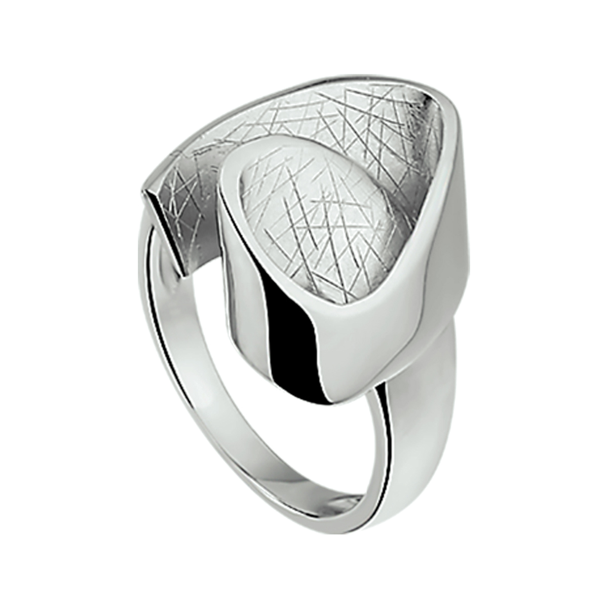 Gerhodineerd zilveren ring met een poli en gescratchte afwerking.
