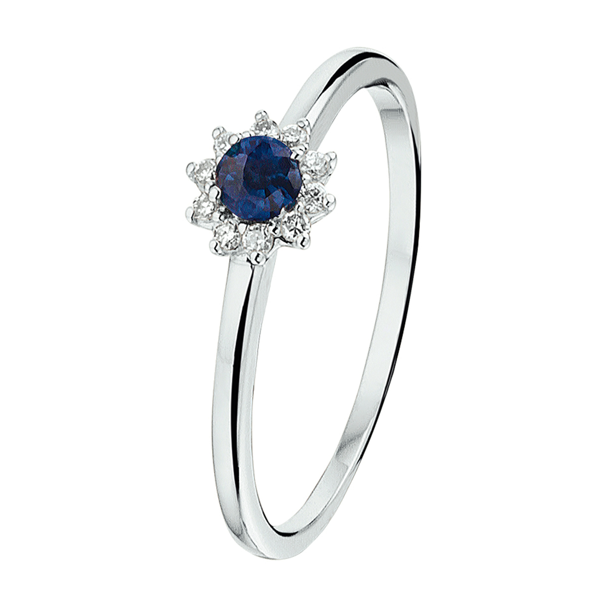 Saffier 3mm briljant geslepen met luxe rozet van diamant. Witgoud 14 karaat.