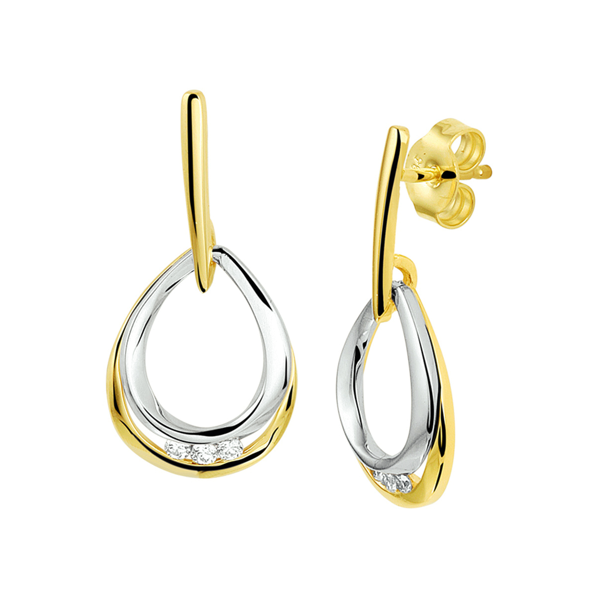 Bicolor geel en witgouden oorhangers met een totale hoogte van 2.5cm en druppel van 15x11mm uitgevoerd met diamant van 0.09ct. De oorhangers zijn te combineren met bijpassende sieraden uit onze collectie.