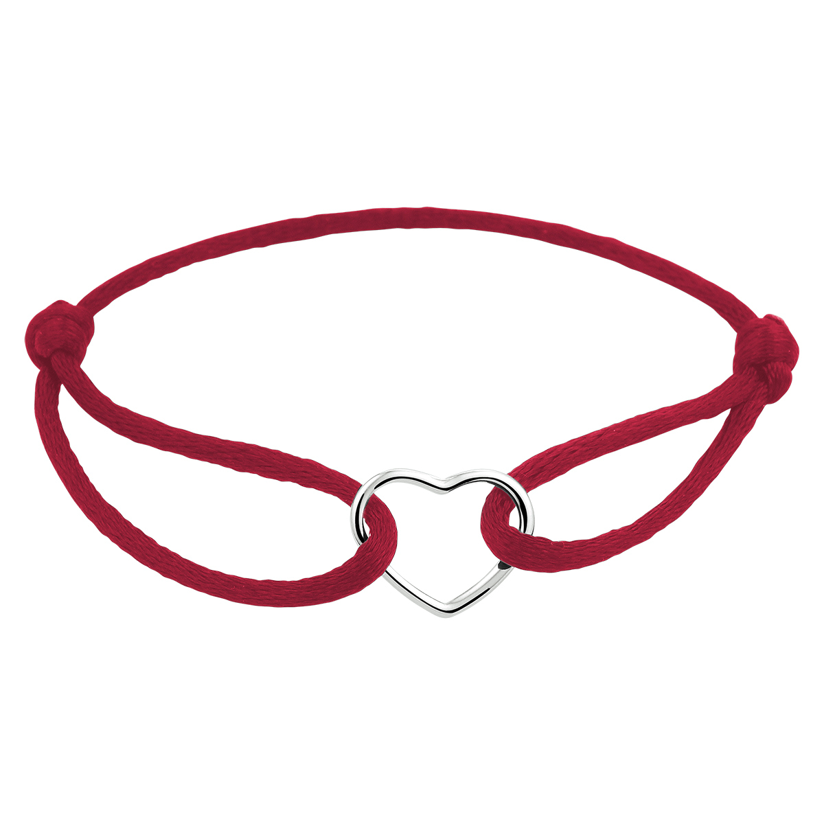 Bordeaux rood gevlochten armband uitgevoerd met een gerhodineerd 925 zilveren hartje. De armband heeft draaglengtes van 13 tot 26cm. Het hartje heeft een afmeting van 12.5x15.5mm.