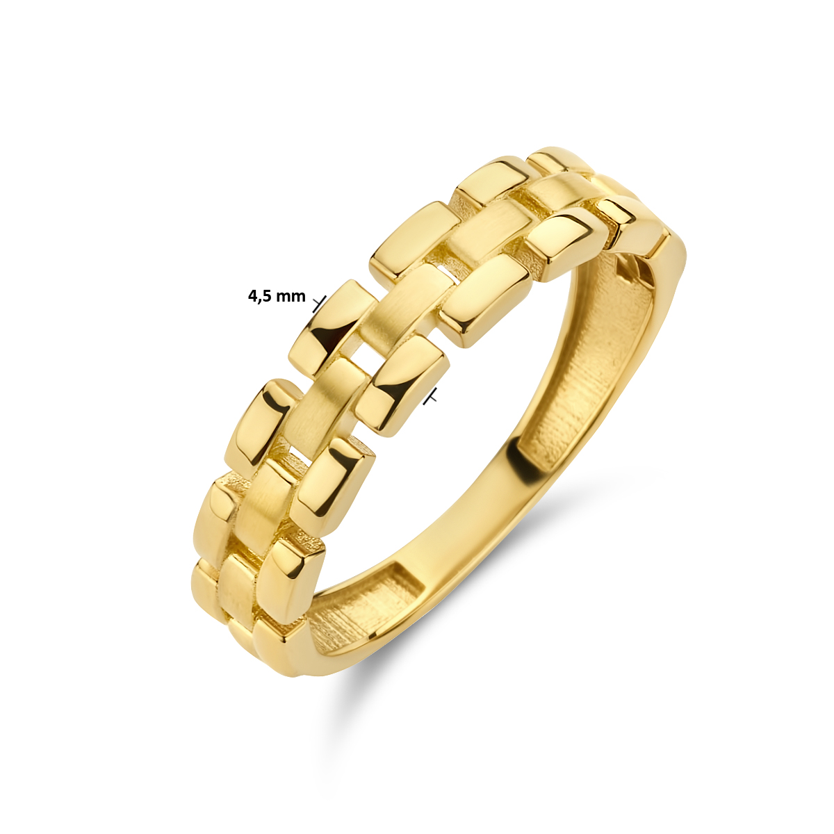 De Gouden ring met schakel, is een prachtige sieraad met een gewicht van 2,15 gram. Gemaakt van glanzend goud in een schakelmotief, is deze ring 4,5 mm breed en maat 54. Ideaal om alleen te dragen voor een verfijnde uitstraling of te combineren met andere ringen voor een trendy look. Perfect voor elke gelegenheid!