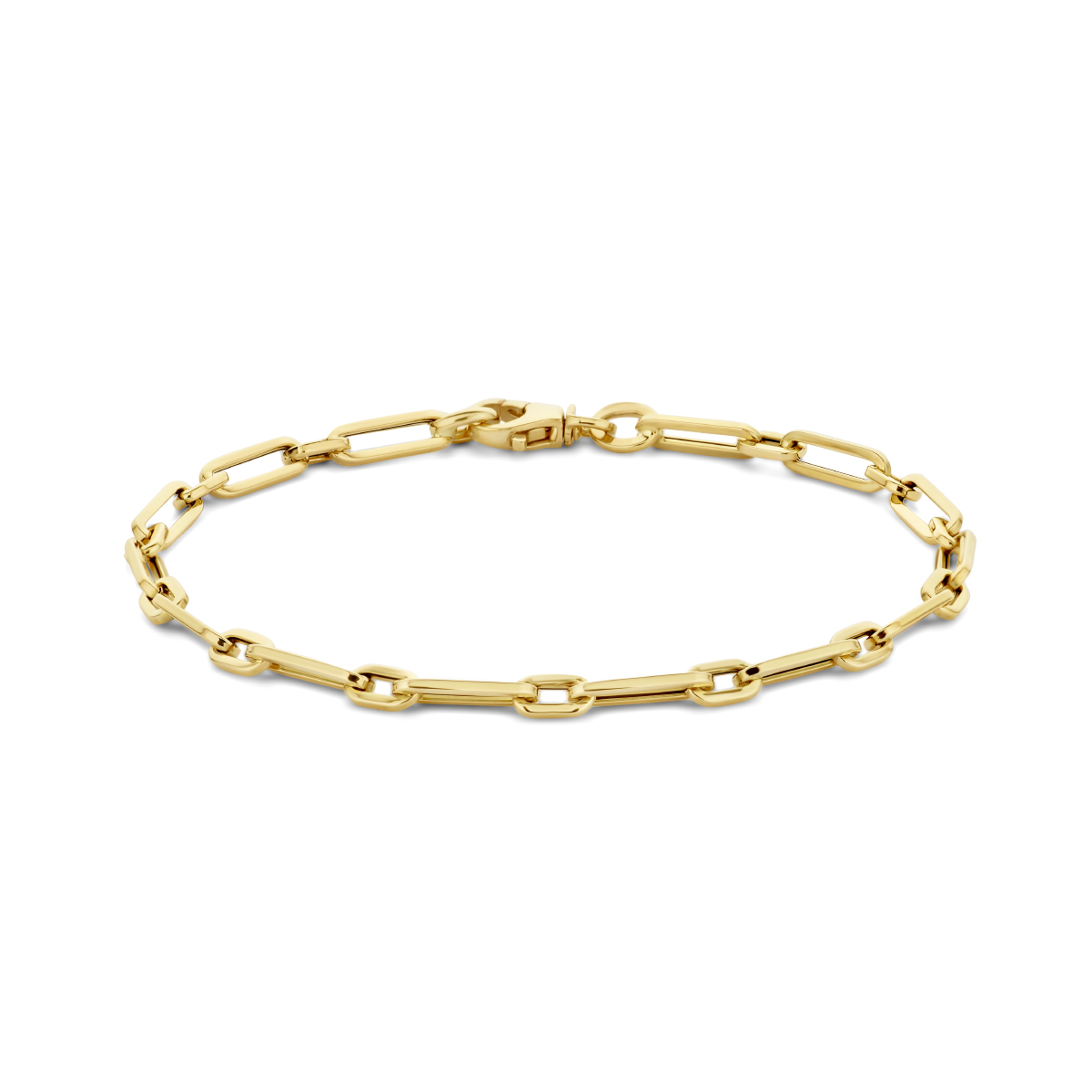 14k Geelgouden paperclip armband. De armband heeft een draaglengte van 19.5cm en is uitgevoerd met karabijnsluiting.