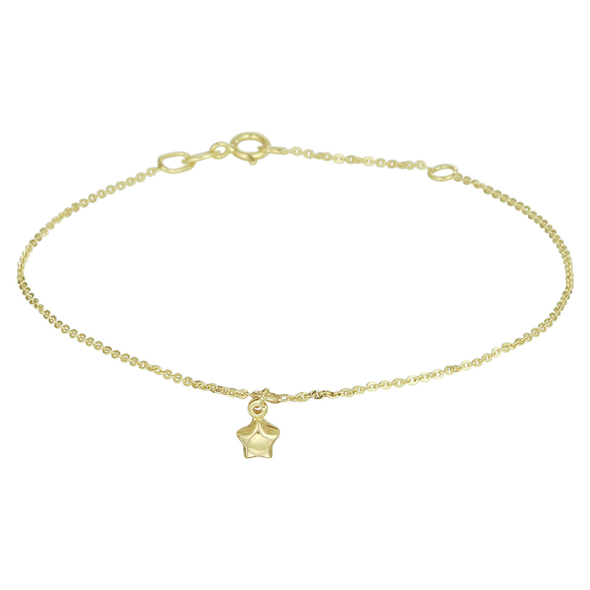 Trendy geelgouden anker enkelbandje met draaglengtes van 24 en 26cm uitgevoerd met een poli afgewerkte ster van 6.3x4.3mm. Tip: Leuk om kado te geven! Zie je ze al stralen?