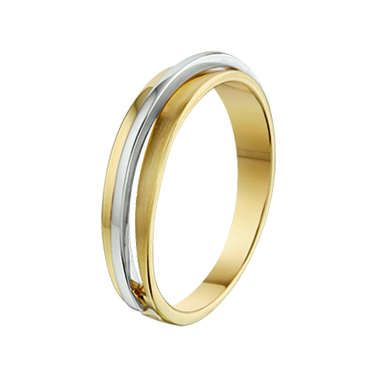 Bicolor wit- en geelgouden ring met een poli/matte afwerking.