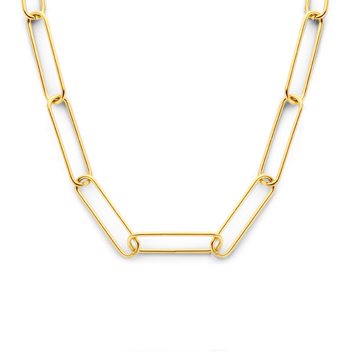 Stalen paperclip collier. Het collier heeft een draaglengte van 43cm met een extensie van 3cm en schakelbreedte van 5.5mm. Het collier heeft een geelgouden ion plating en een karabijn sluiting.