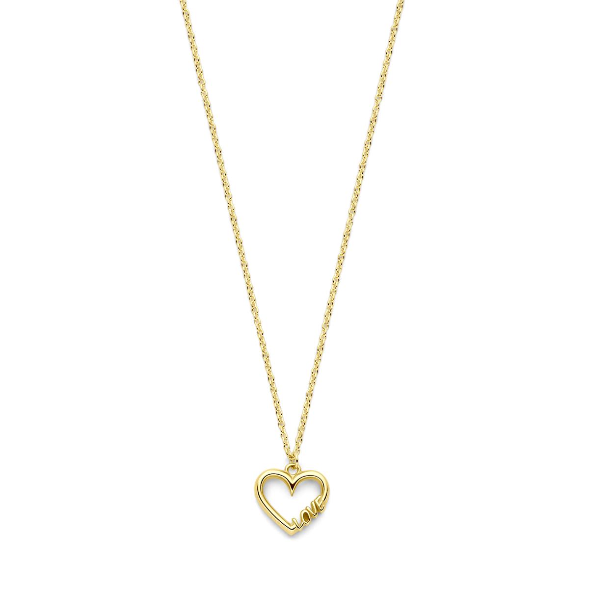 14k Geelgouden collier uitgevoerd met een hartje en de tekst love. Het collier heeft draaglengtes van 41, 43 en 45cm. De schakelbreedte is 0.9mm en het hartje heeft een afmeting van 9x9.5mm. Uitgevoerd met karabijnsluiting.