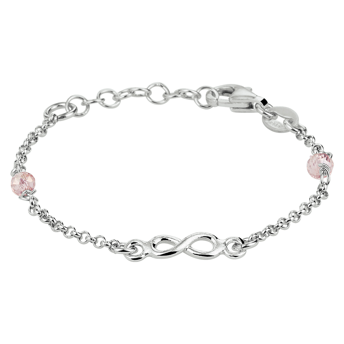 Zilveren armband met een infinity teken en roze strass steentjes.
11-13cm lang