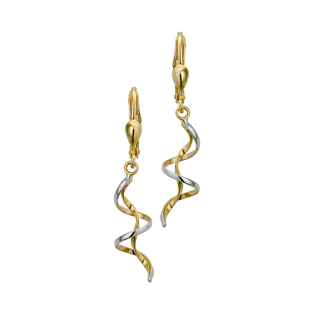 Bicolor wit- en geelgouden oorhangers.
Breedte: 8.5 mm
Hoogte: 38 mm