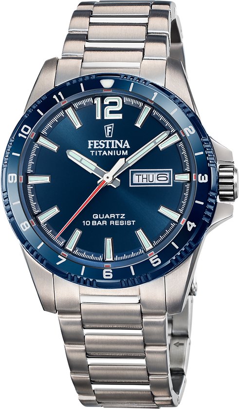 Festina - Titanium heren horloge met dag/datum, blauwe wijzerplaat, 100 meter WR, Mineraalglas - F20698/2