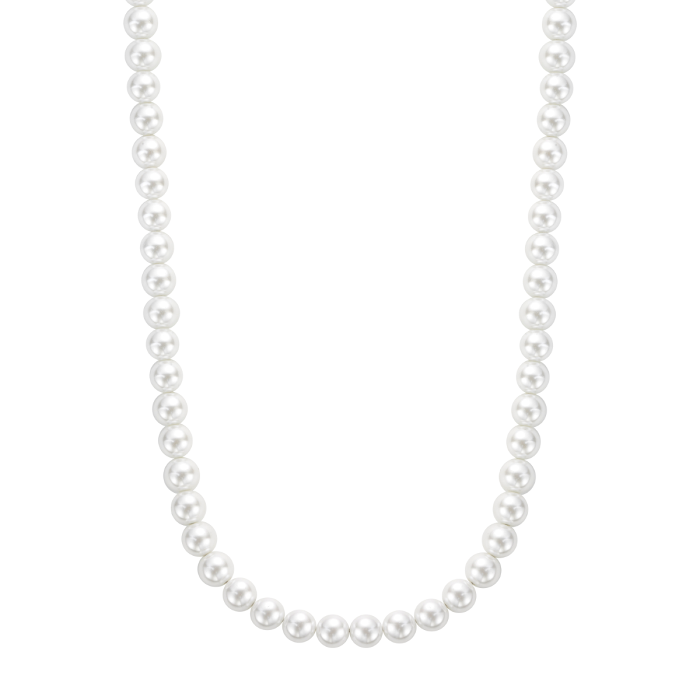 Bead ketting, handgemaakt van 8mm parels (shell pearls), met een zilverkleurige edelstalen schroefsluiting. Shell pearls bestaan uit het parelmoer van de binnenkant van de oester.