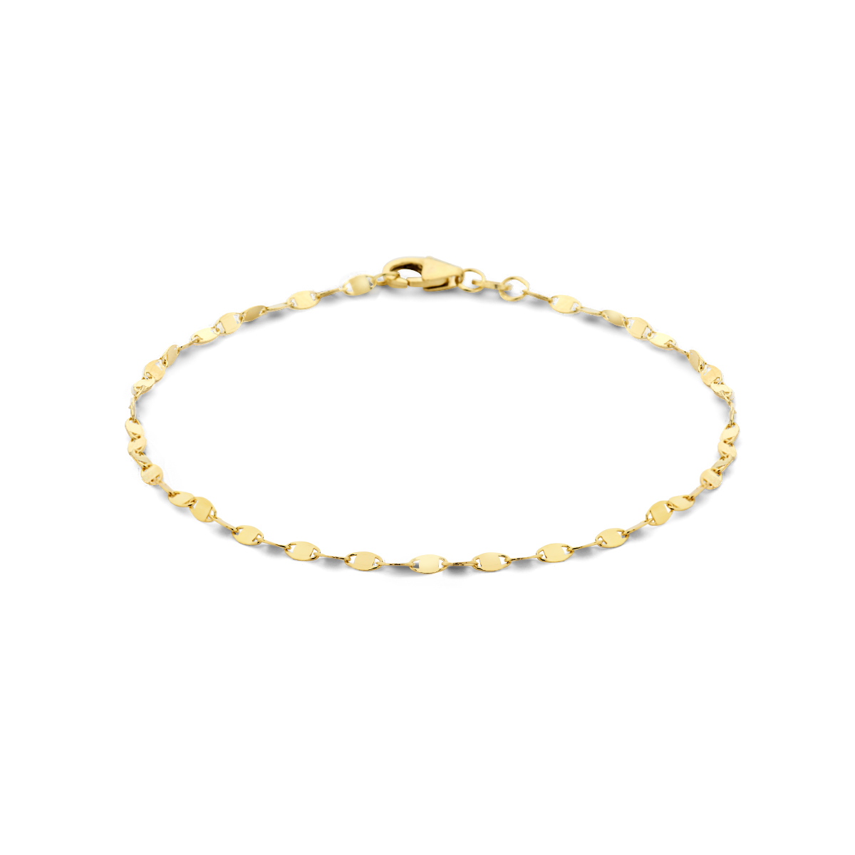 Beschrijving: Geelgouden armband met een draaglengte van 18cm en een schakelbreedte van 2mm. De armband is uitgevoerd met een stevige karabijn sluiting. Minimalistisch design voor een exclusieve uitstraling.