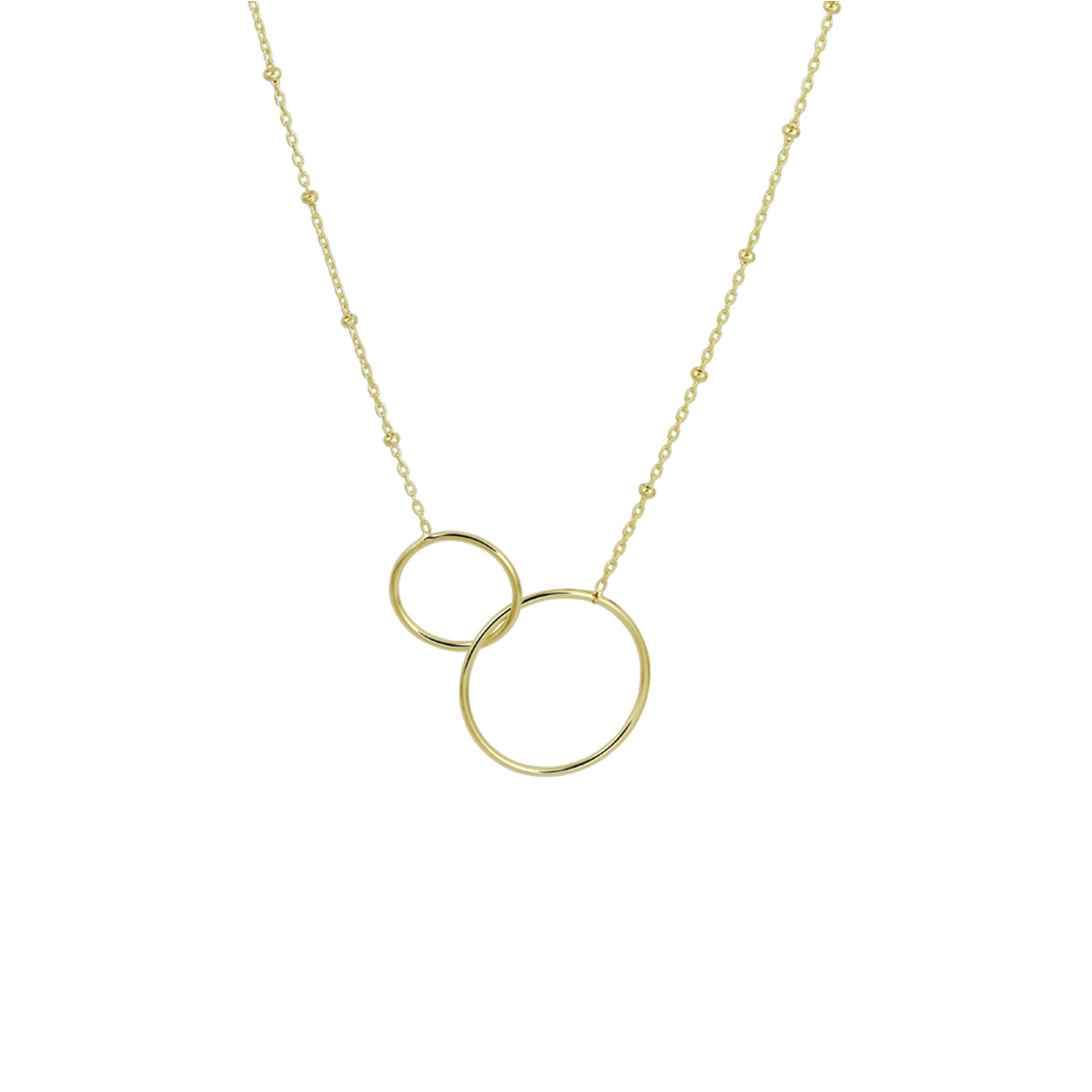 14k Geelgouden collier uitgevoerd met twee rondjes. Het collier heeft een draaglengte van 41cm met een extensie van 3cm. De rondjes hebben een diameter van 8 en 13mm.