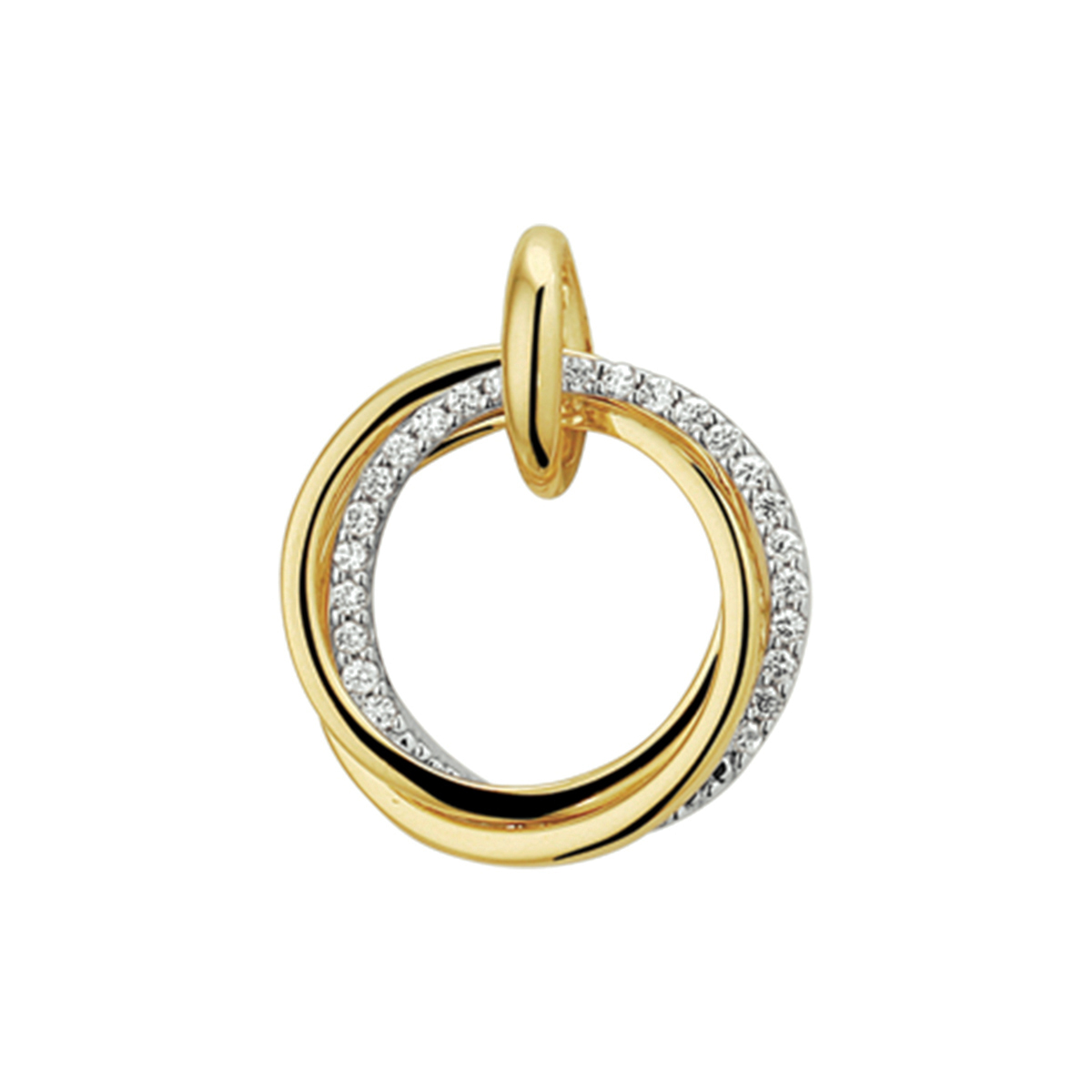 Chique bicolor geel met witgouden hanger uitgevoerd met een luxe rijzetting van diamanten. De hanger heeft een diameter van 16.5mm. De hanger is perfect te combineren met andere sieraden of met bijpassende sieraden uit onze collectie. Tip: Combineer deze hanger met een collier die wij in verschillende lengtes schakels en breedtes in onze collectie hebben!.