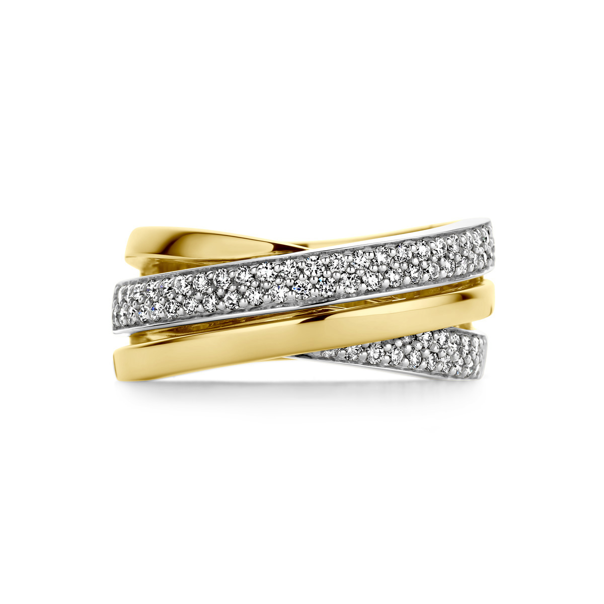 Stijlvolle bicolor geel- en witgouden ring met 4 schitterende briljant geslepen diamant rijen.