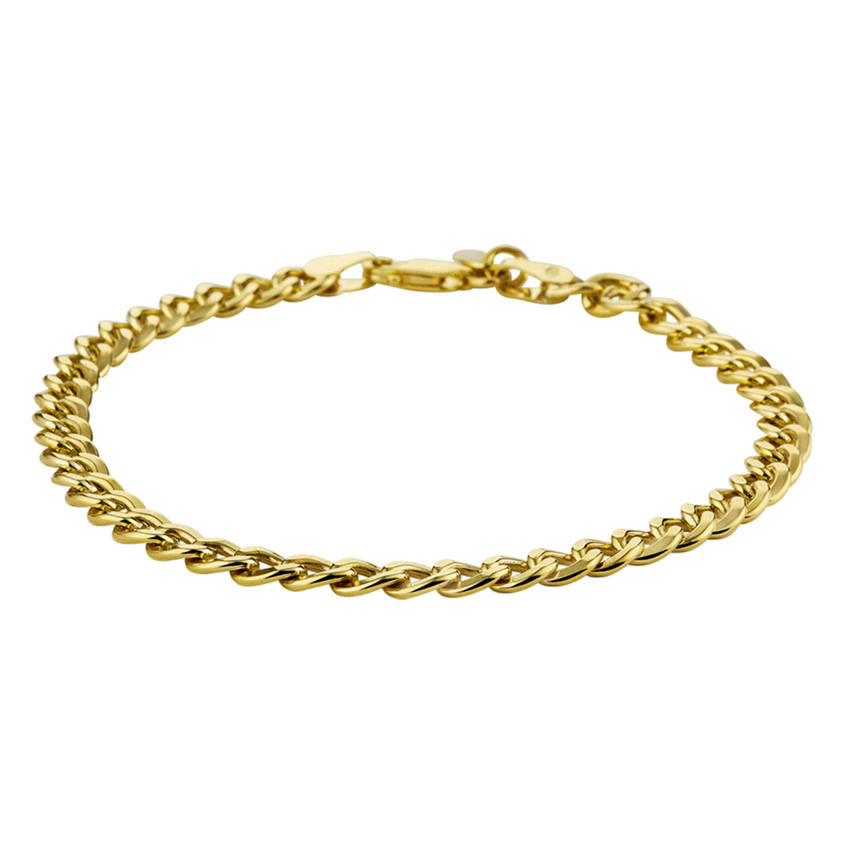 Beschrijving: Sieraden van 14 karaat goud met daarin een kern van 925 zilver. Geelgouden armband met geslepen gourmet schakel. 
Doelgroep: heren
Breedte: 5 mm
Langste lengte: 19 cm