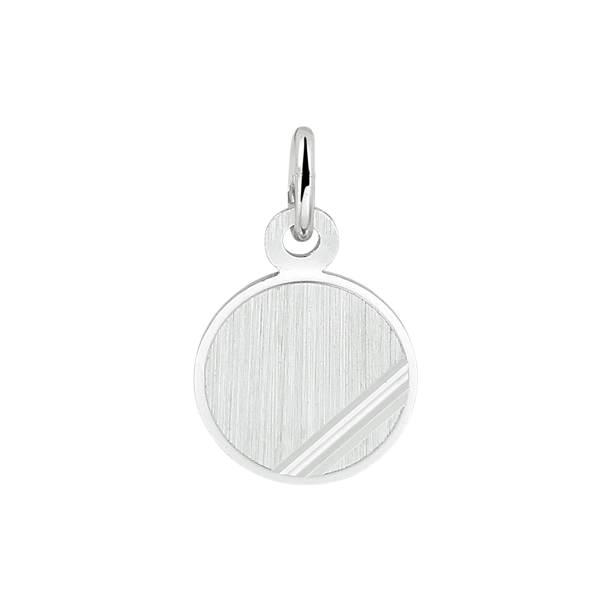 Gerhodineerd 925 zilveren ronde graveerhanger met een mat/gediamanteerde afwerking. De hanger heeft een totale hoogte van 1.4cm en een diameter van 9mm.