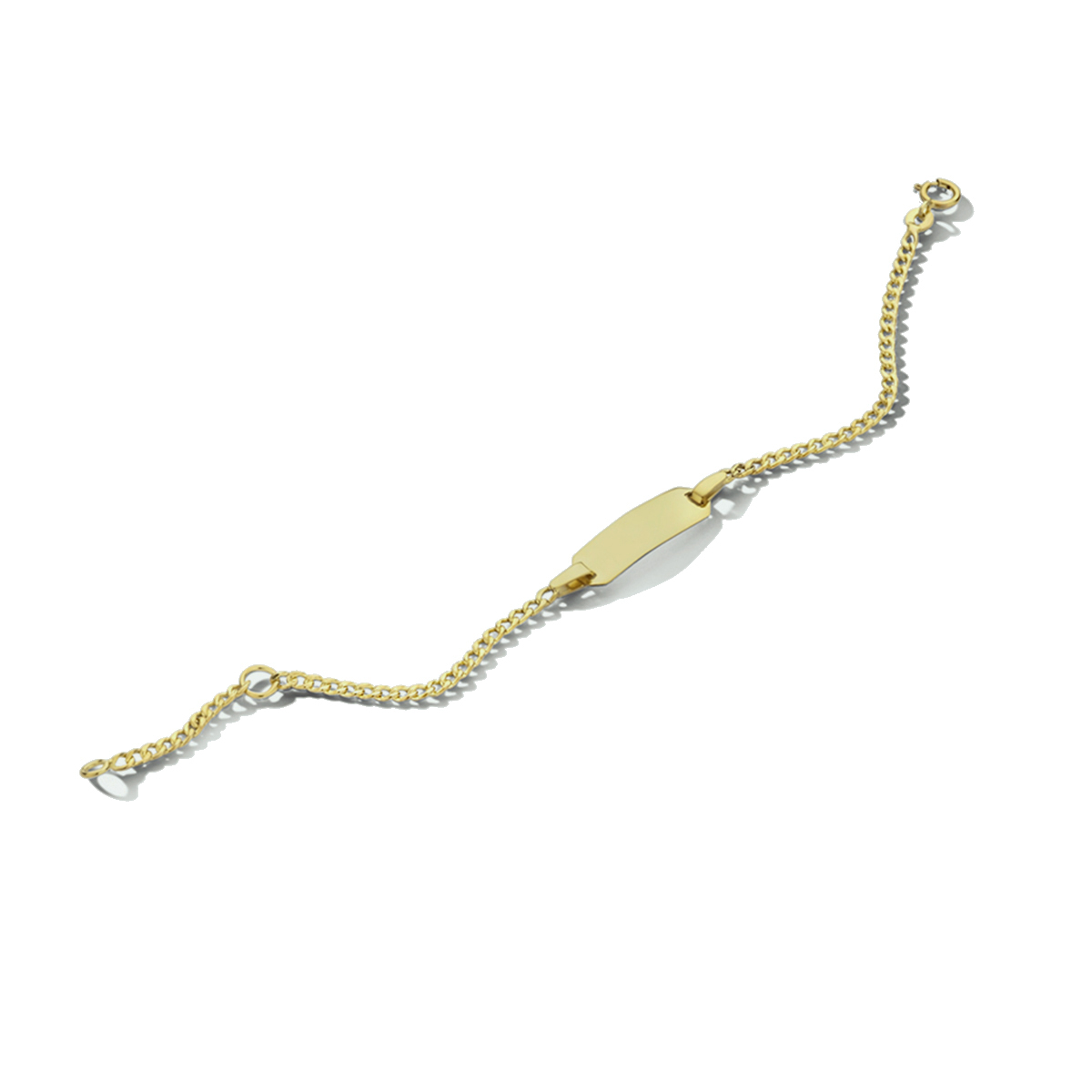 9k geel kleurig&nbsp;graveerarmband met een plaat van 5x17mm. De armband heeft een gourmette schakel van 1.8mm.