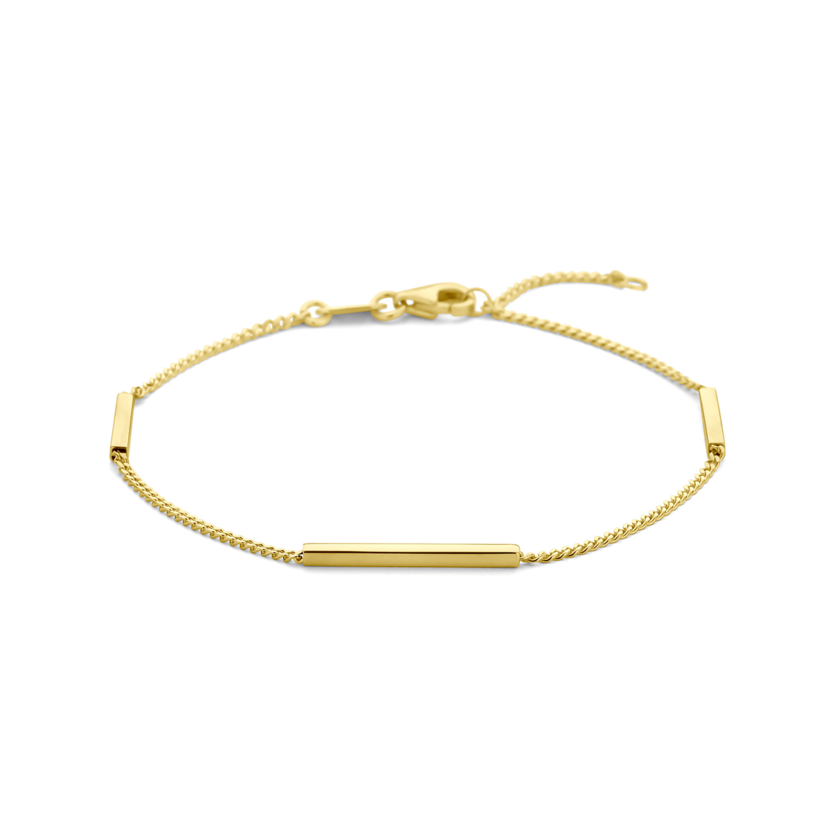 14k Geelgouden armband uitgevoerd met balkjes en een karabijn sluiting. De armband heeft draaglengtes van 17 en 19cm. De schakelbreedte is 1.3mm.