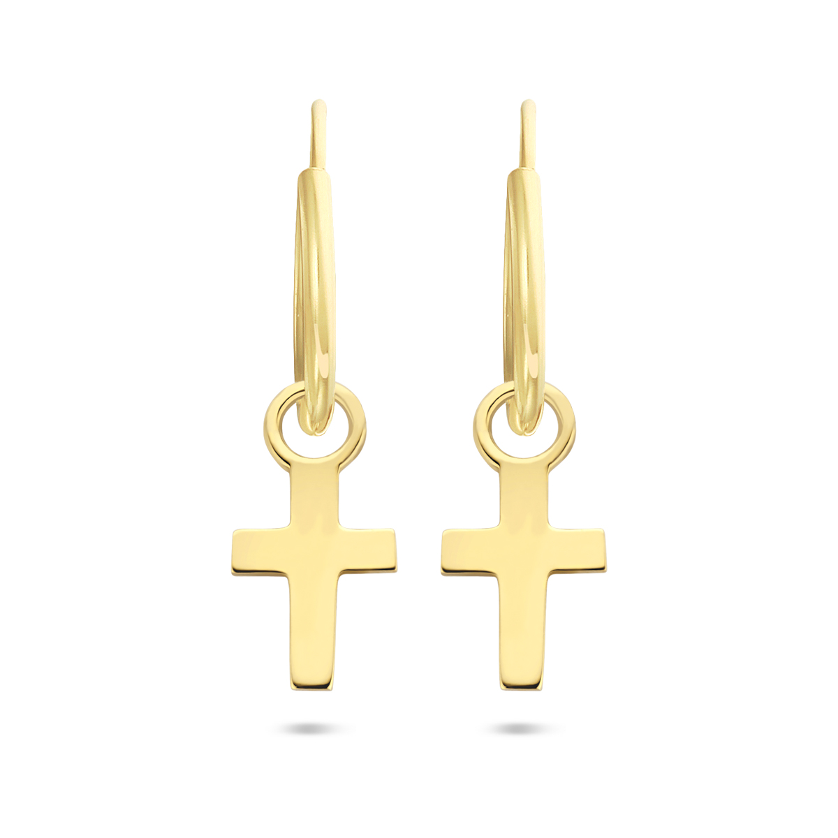 14k Geelgouden oorringen uitgevoerd met een kruis hanger. De oorringen hebben een diameter van 13mm.