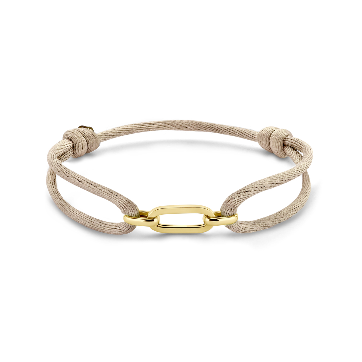 Beige gevlochten armband uitgevoerd met 14k geelgouden element. De armband heeft draaglengtes van 13 tot 26cm. Het element heeft een breedte van 6mm.