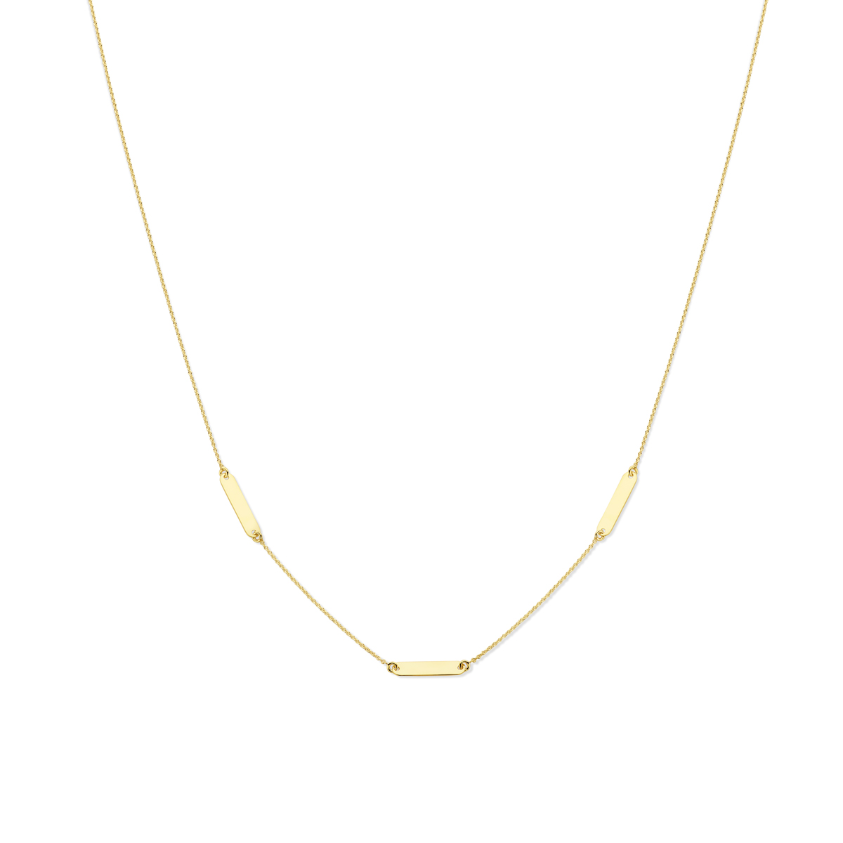 14k Geelgouden collier uitgevoerd met graveerplaatjes van 3.6x16mm. Het collier heeft draaglengte van 41cm met 4cm extensie. De schakelbreedte is 1.6mm. De plaat heeft een dikte van 0.5mm.