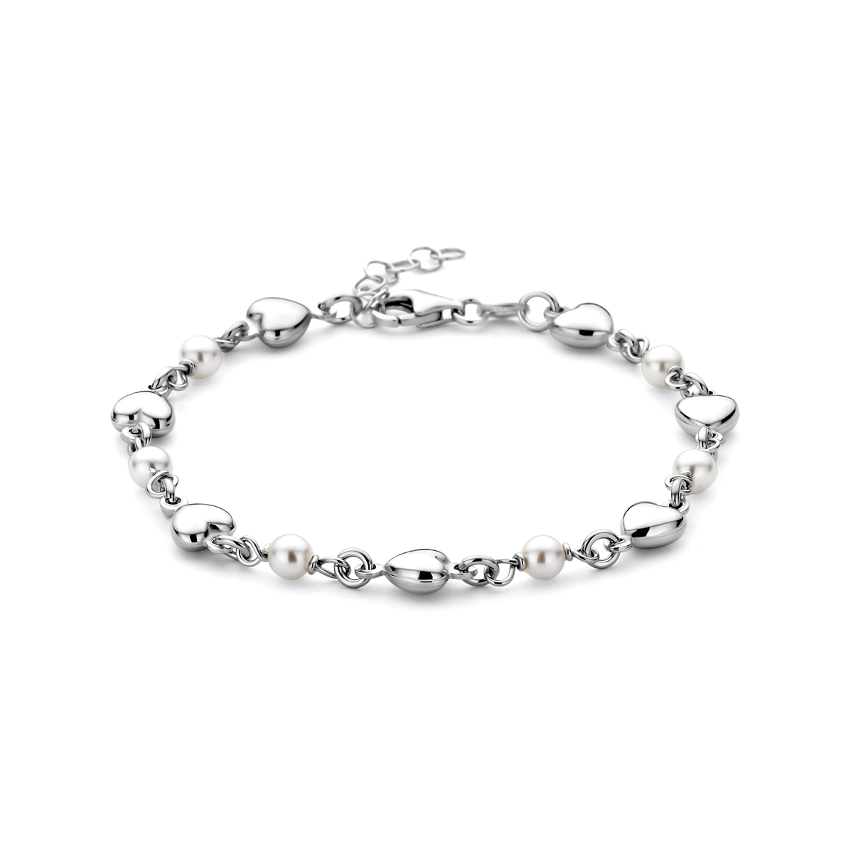 Gerhodineerd 925 zilveren armband uitgevoerd met hartjes en swarovski parels. De armband heeft een draaglengte van 17cm met 2cm extensie. Uitgevoerd met karabijnsluiting.