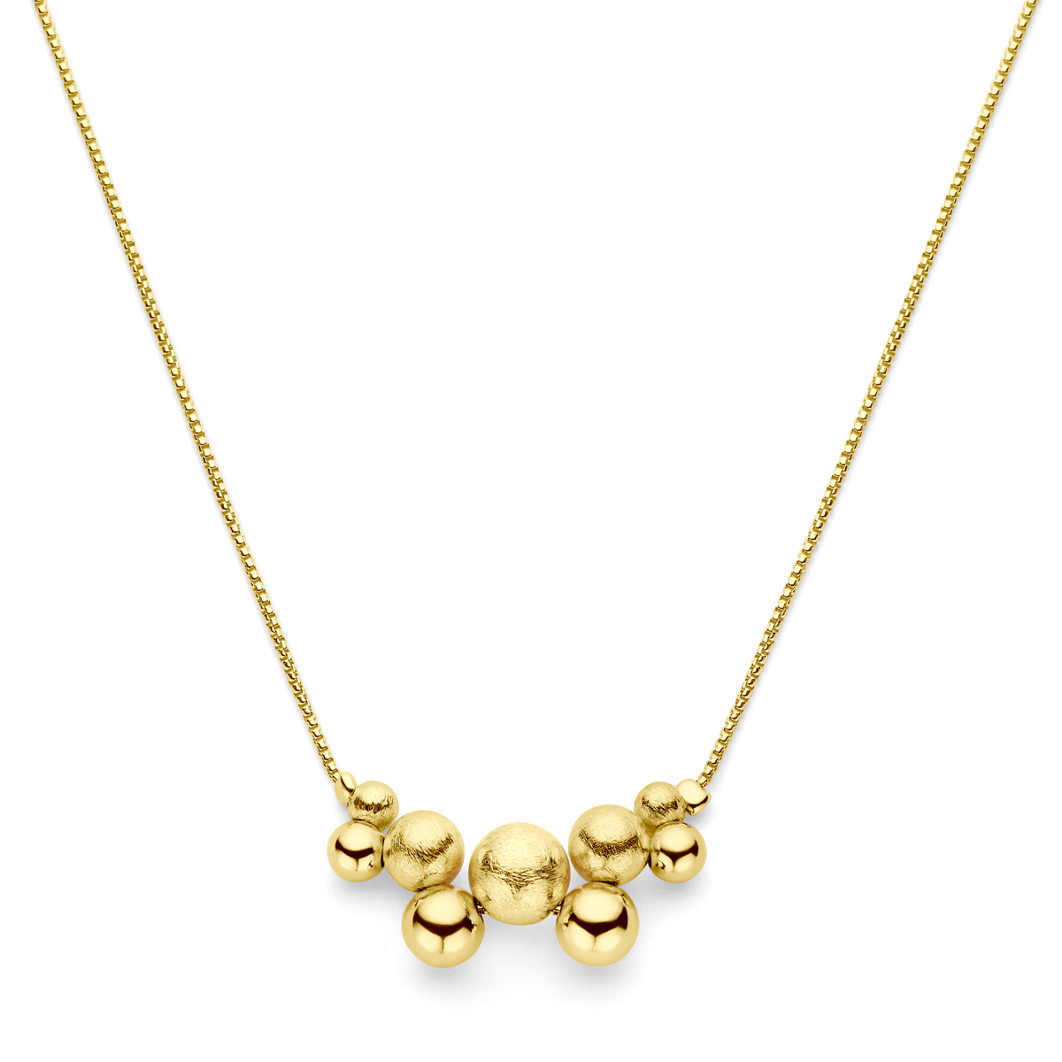 Geelgoud op 925 zilveren collier uitgevoerd met bolletjes. Het collier heeft een draaglengte van 42cm met 3cm extensie. Uitgevoerd met karabijnsluiting. De schakelbreedte is 1.5mm. Geen garantie op de plating.