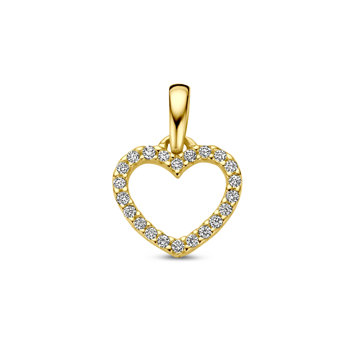 14k Geelgouden hanger in de vorm van een hart uitgevoerd met diamanten.