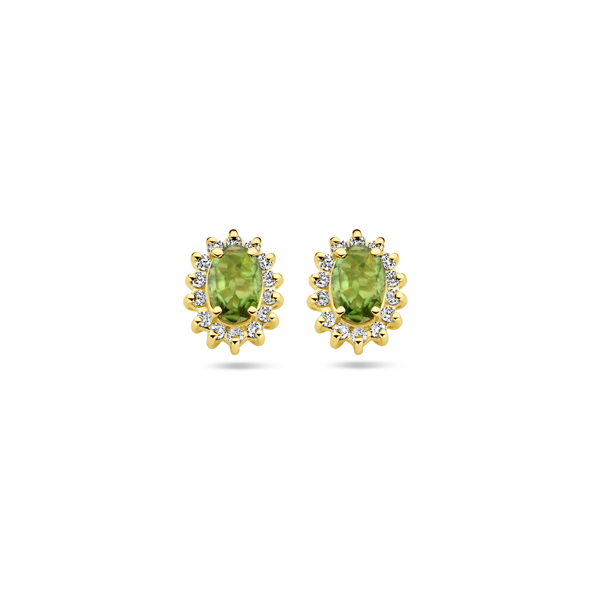 14k Geelgouden oorknoppen uitgevoerd met toermalijn en diamant. De oorknoppen hebben een afmeting van 9.5x7.5mm. Het diamantgewicht is 0.22ct.