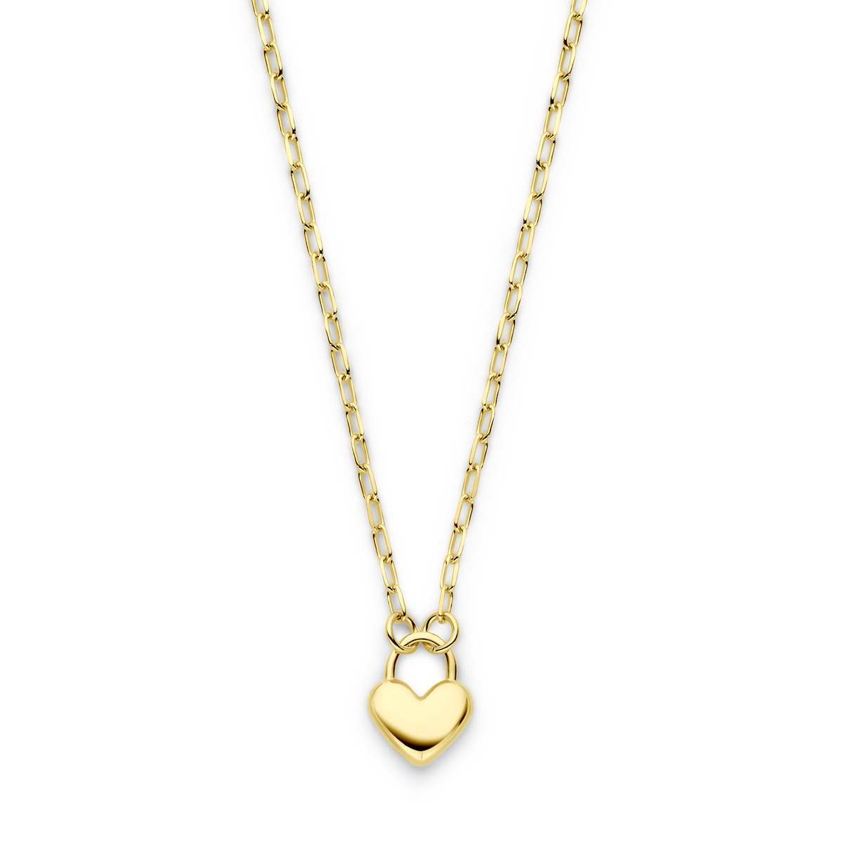 Geelgoud op 925 zilveren collier met een hart. Het collier heeft een draaglengte van 41cm met 5cm extensie. De schakelbreedte is 2.0mm. Het hart heeft een afmeting van 13x10mm. Uitgevoerd met een karabijn sluiting. Geen garantie op de plating.