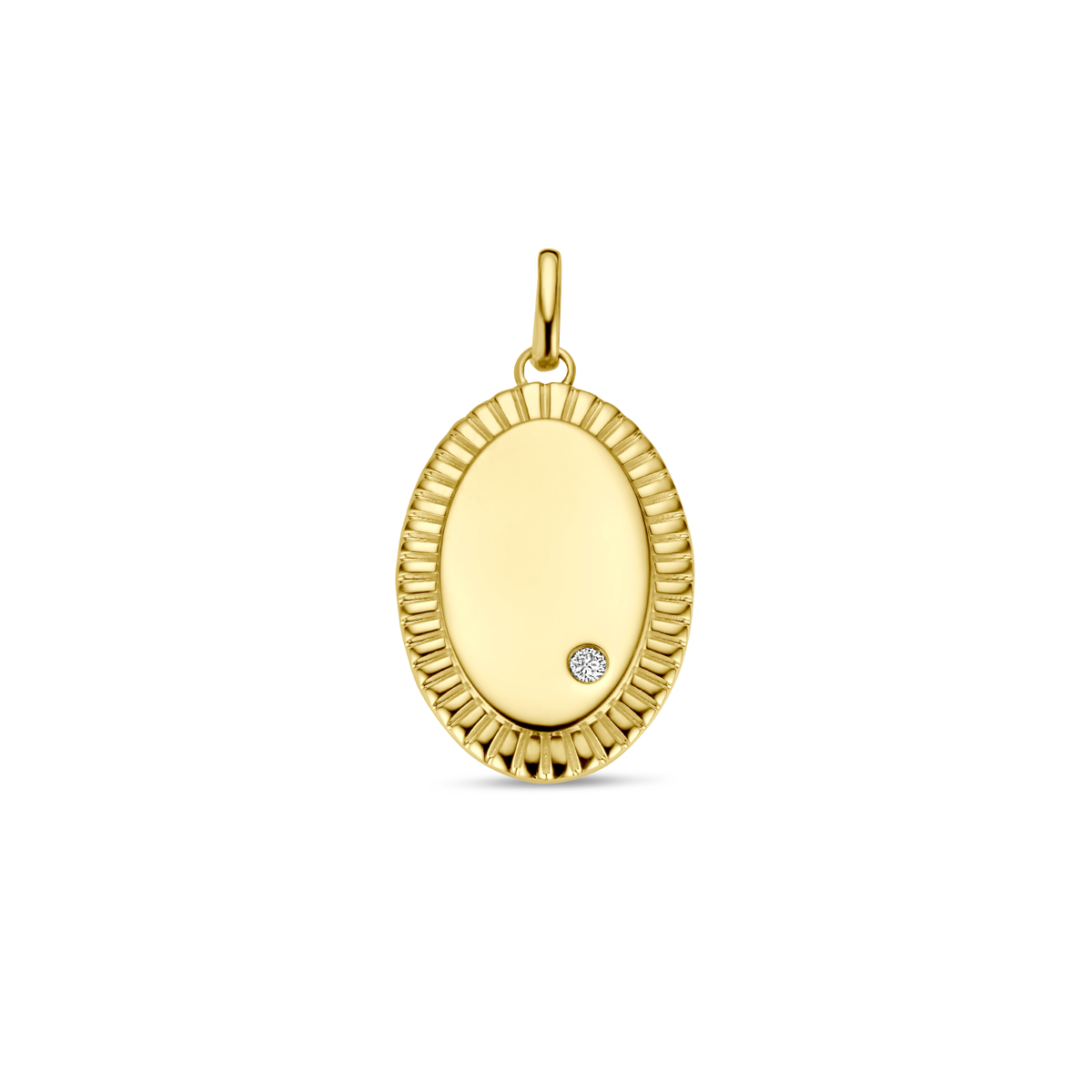 14k Geelgouden graveerhanger uitgevoerd met diamant. De hanger heeft een totale hoogte van 20mm. Het diamantgewicht is 0.01ct.