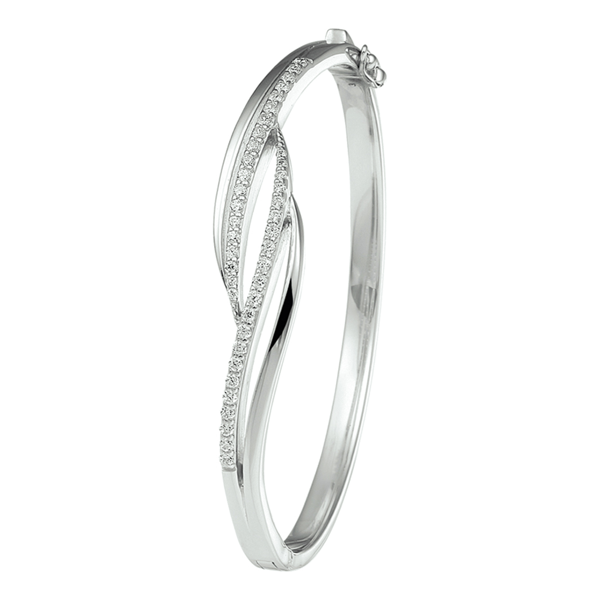Beschrijving: Gerhodineerd zilveren slavenarmband met zirkonia en een scharnier-sluiting. 
Doelgroep: dames
Breedte: 11 mm
Zetting: entourage (rijzetting)