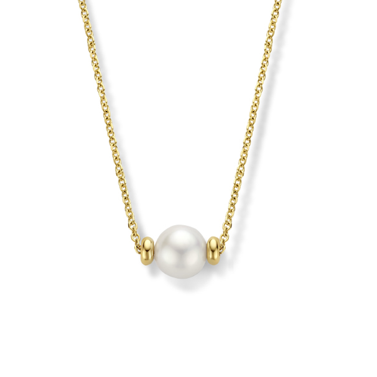 14k Geelgouden collier uitgevoerd met een schitterende zoetwaterparel van 6.5mm. Het collier heeft draaglengtes van 42, 44 en 46cm. Uitgevoerd met een karabijn sluiting.