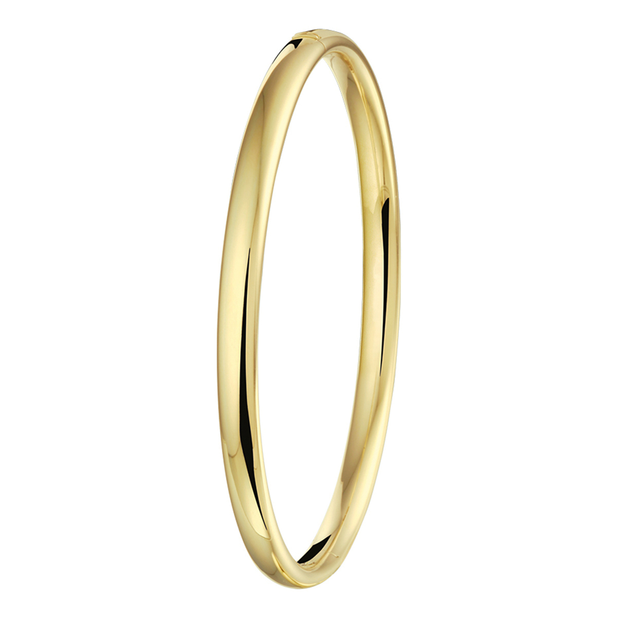 Geelgoud met zilveren kern bangle met scharnier van 5mm uitgevoerd met bolle buis. De bangle is ook verkrijgbaar in het witgoud met zilveren kern en rosegoud met zilverenkern.