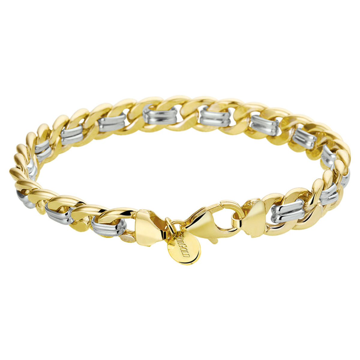 14 Karaats geel en witgouden armband met zilveren kern voor stabiliteit 5200004

3,8 Gram 14k Wit en Geelgoud
22 Gram 925 Sterling Zilver
Beiden Edelmetalen zijn voorzien van een Waarborg keurmerk stempel.
