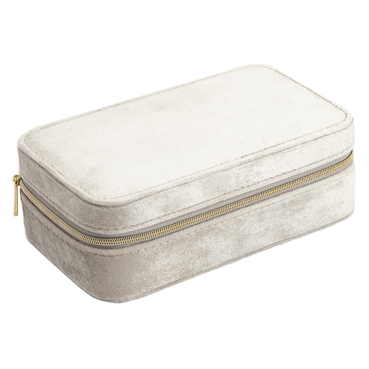 Luxe sieradenbox in de kleur creme uitgevoerd met een goudkleurige rits sluiting en verschillende vakjes. Een compacte box om verschillende sieraden in op te bergen.