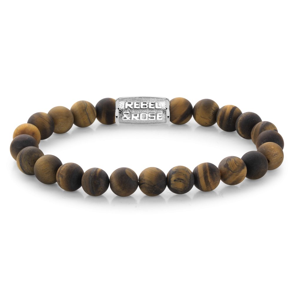 Bead armband, handgemaakt van 8mm mat gele Tiger Eye met een zilverkleurige sluiting. Het Rebel & Rose sieraad is makkelijk te combineren met andere zilveren, leren of kralenarmbanden.