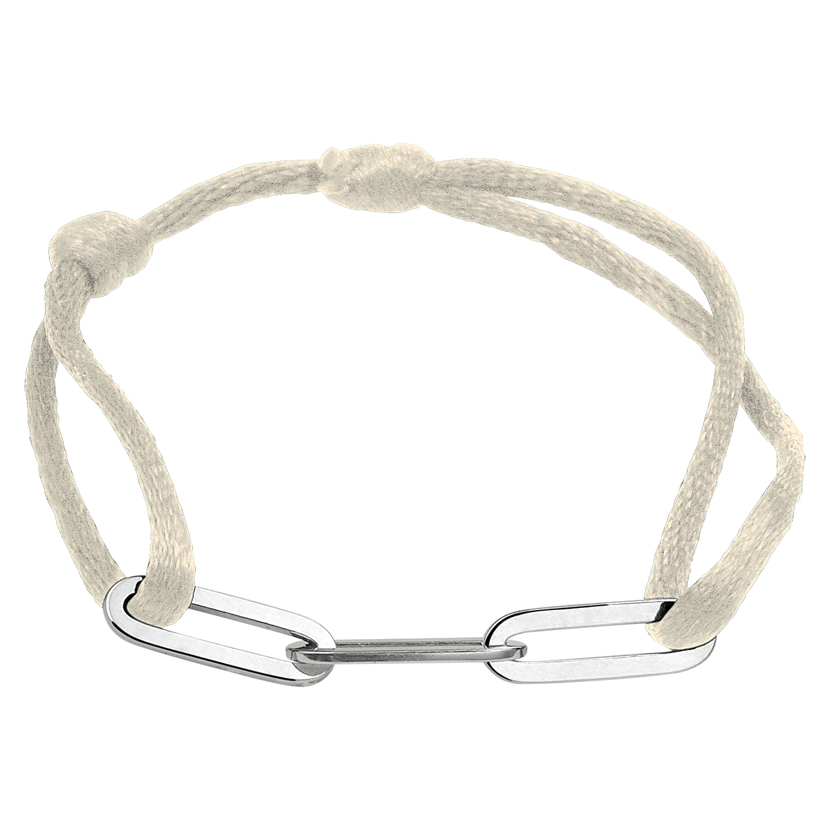 Ivoor gevlochten armband uitgevoerd met gerhodineerd 925 zilveren schakels met een breedte van 5mm. De armband heeft draaglengtes van 13 tot 26cm.