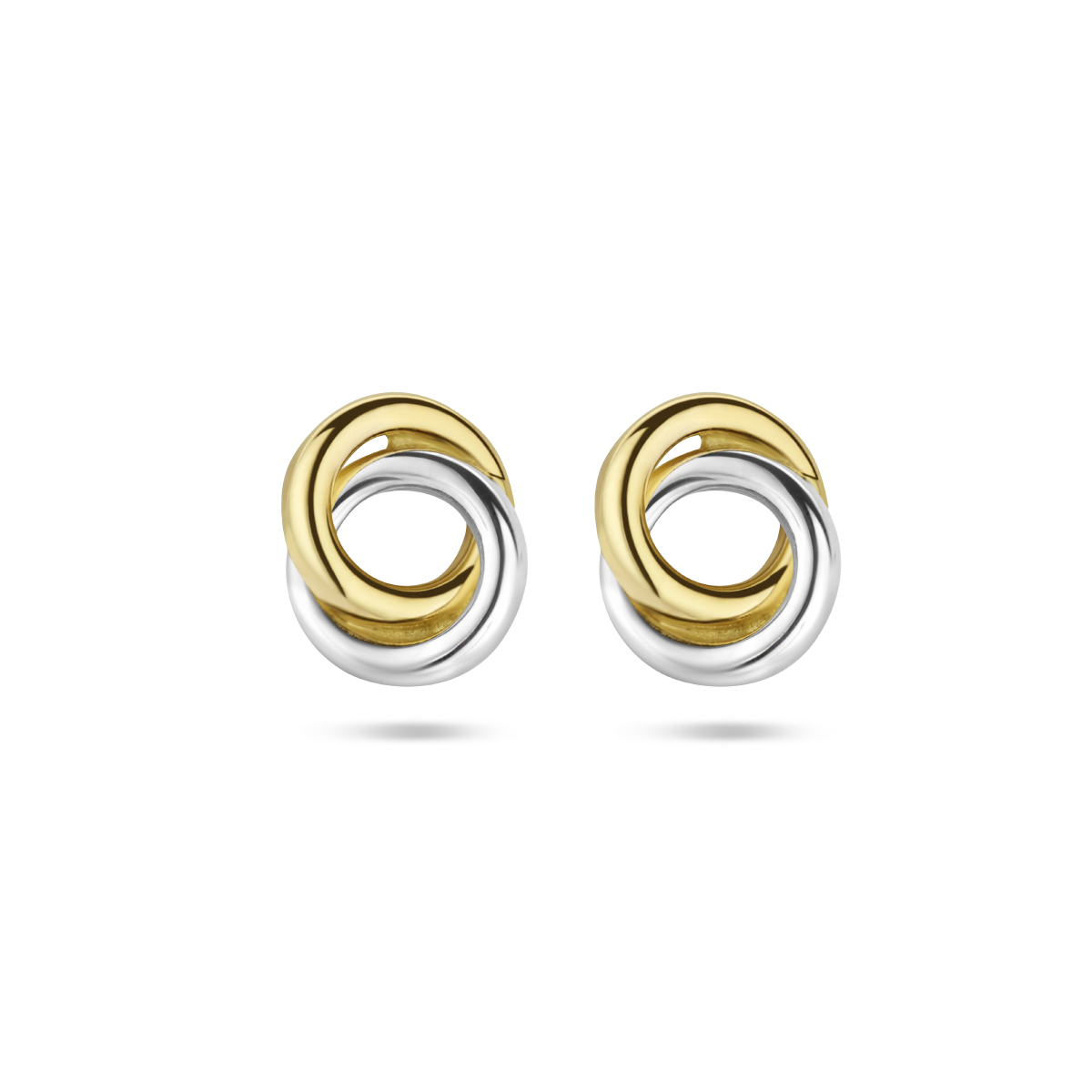 14k Bicolor geel- en witgouden gestifte oorknoppen. De oorknoppen en hebben een afmeting van 6x5mm.
