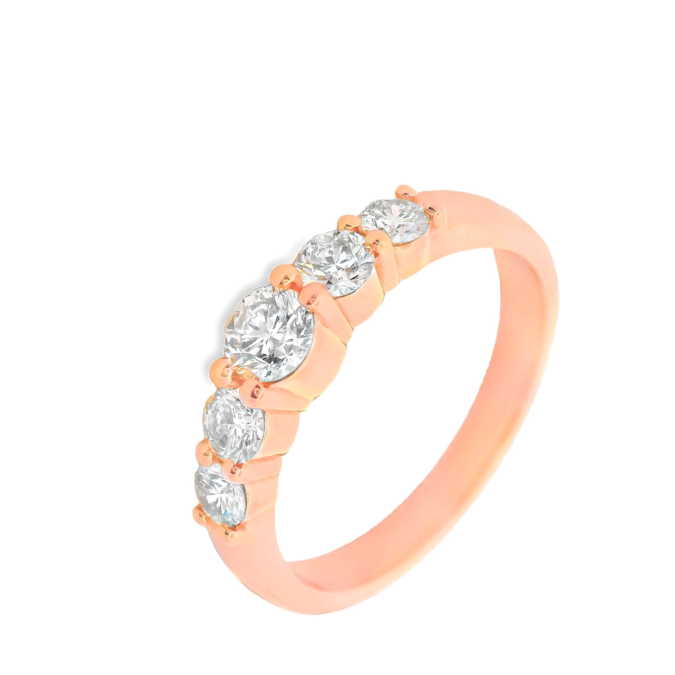 Deze ring van Louis Bros is vervaardigd uit 14 karaat roségouden(3.76 gr.) en is gezet met 5 briljant geslepen diamanten met een totaalgewicht van 0.65ct. De ring heeft een diameter van 4 mm, minimale breedte van 2 mm. en een hoogte van 3 mm. Deze ring bestaat uit onze lijn van exclusieve modellen sieraden met prachtige designs van hoge kwaliteit.
De ring is verkrijgbaar in meerdere afmetingen.

Verkrijgbaar vanaf 0.25crt .
Leverbare goudkleuren: 14/18kts geelgoud, 14/18kts witgoud, 14/18kts roségoud en alle bicolor combinaties.